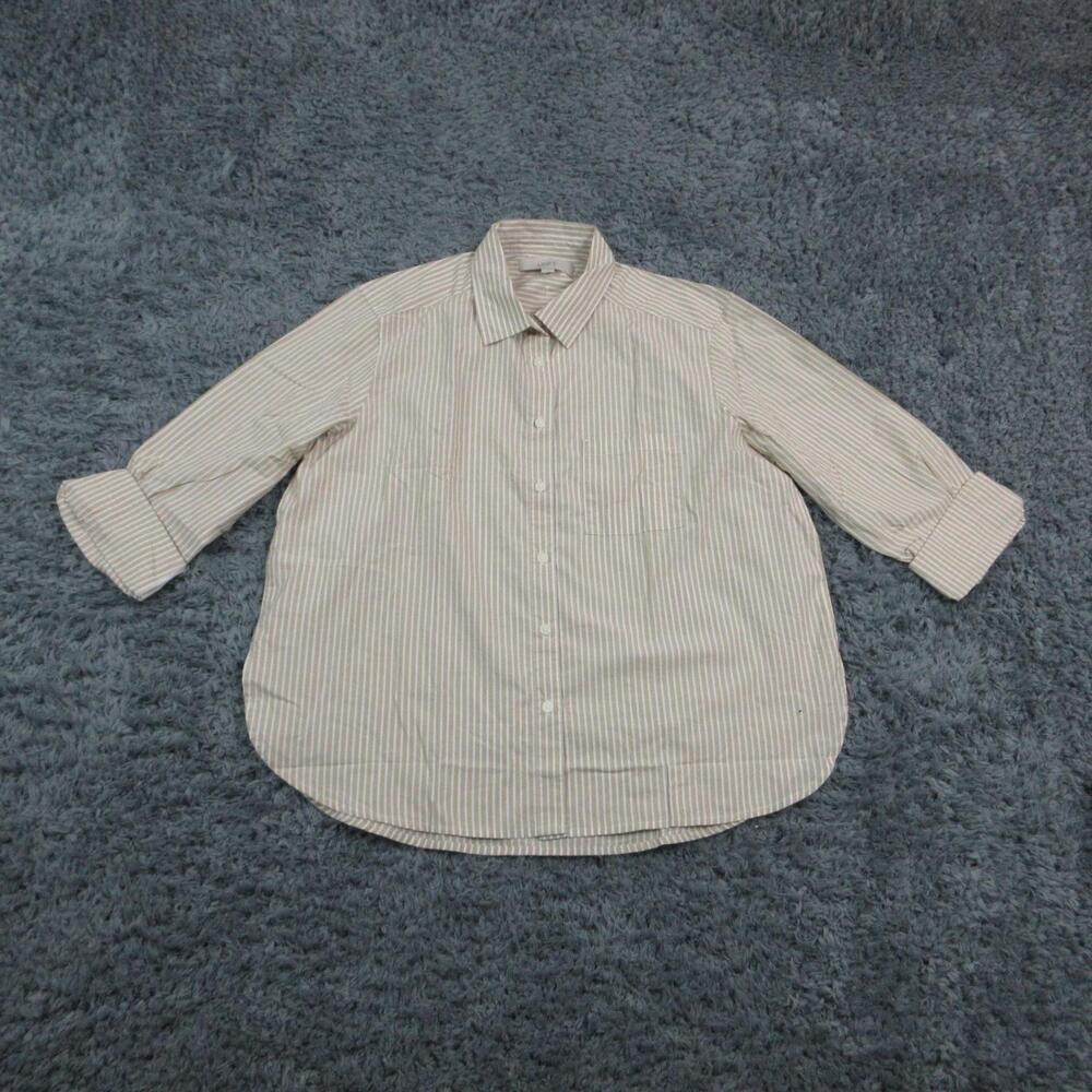 LOFT Shirt Womens Medium Beige Stripe 3/4 Sleeve Button Front Cotton Top NWT
